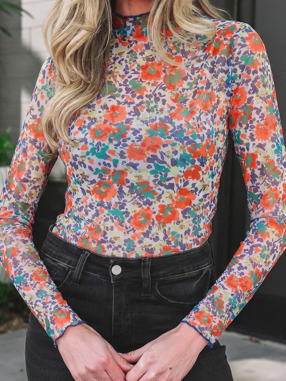Floral Mesh Long-Sleeve Top in Orange Multi - Women